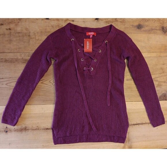 Guess Sweaters - Guess Los Angeles Womens XS Khloe Sweater Raspberry Lace Up V Long Sleeve NWT